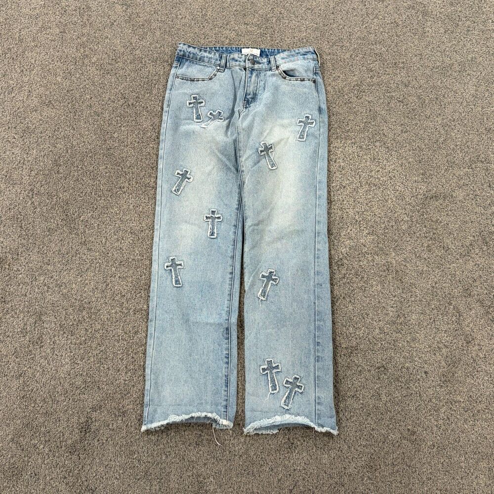 Rare Austin Landing Light Wash CROSS Mid Rise Straight Leg Jeans Size 5 Raw Hem